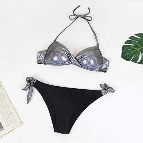 Auenix Bikini Push-up Sujetador acolchado triángulo Traje de baño mujer dos piezas color brillante bronceador bikini mujer playa cintura alta tanga, sexy playa verano Swimwear Swimsuit, plateado, L