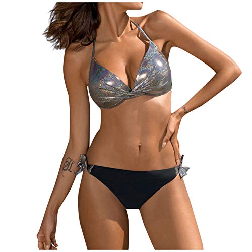 Auenix Bikini Push-up Sujetador acolchado triángulo Traje de baño mujer dos piezas color brillante bronceador bikini mujer playa cintura alta tanga, sexy playa verano Swimwear Swimsuit, plateado, L