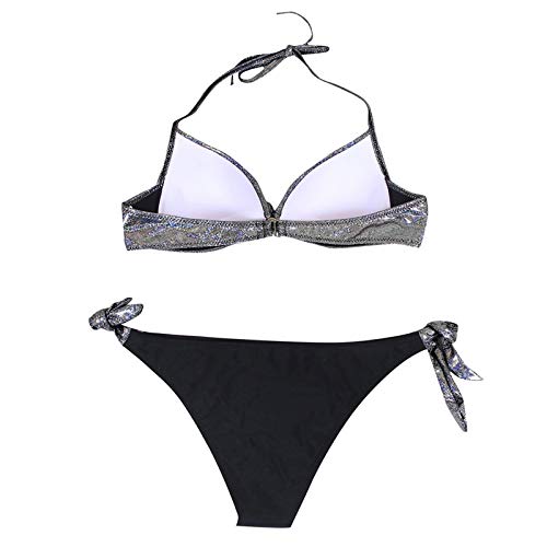 Auenix Bikini Push-up Sujetador acolchado triángulo Traje de baño mujer dos piezas color brillante bronceador bikini mujer playa cintura alta tanga, sexy playa verano Swimwear Swimsuit, plateado, L