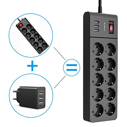 AUOPLUS Regleta Enchufes 10 Tomacorrientes（16A/4000W y 3 Carga Inteligente Puertos USB（3.1A/15.5W,Proteccion contra Sobretencion y Sobrecorriente,Montaje en Pared con Cable 2m