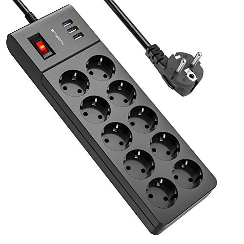 AUOPLUS Regleta Enchufes 10 Tomacorrientes（16A/4000W y 3 Carga Inteligente Puertos USB（3.1A/15.5W,Proteccion contra Sobretencion y Sobrecorriente,Montaje en Pared con Cable 2m