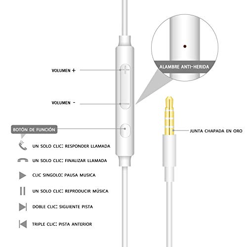 Auriculares MAS CARNEY WH6 estéreo con micrófono y Control de Volumen Compatible con teléfono móvil, computadora, computadora portátil, MP3 (Paquete de 2, Blanco)