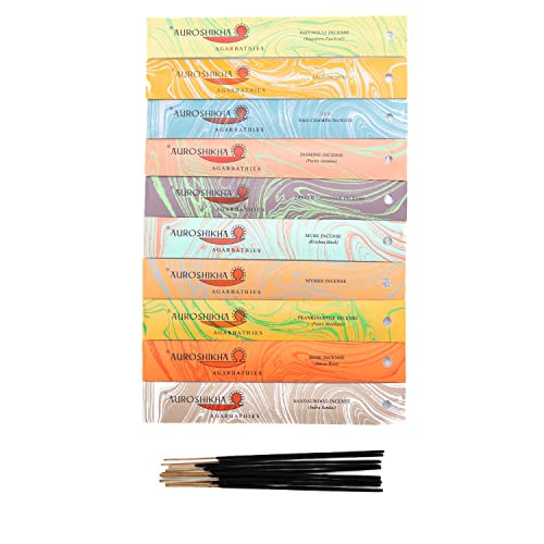 Auroshikha - 100 Varillas de Incienso - Paquete de 10 Cajas: pachulí, Salvia, nag Champa, jazmín, Lavanda, almizcle, Mirra, olíbano, Rosa, sándalo (10 fragancias - Set 1)