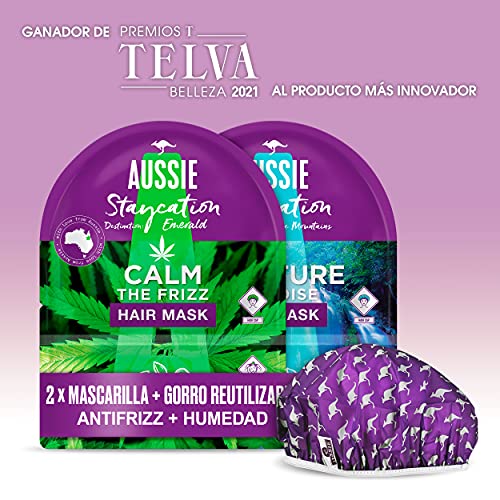Aussie Mascarilla Pelo Pack + Gorro De Ducha Reutilizable, Mascarilla Paraiso de Hidratación, Mascarilla Doma el Encrespamiento