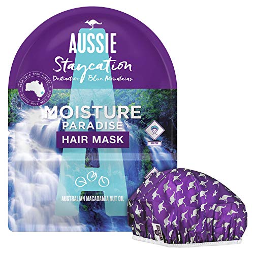 Aussie Staycation Mascarilla Capilar y Gorro, Paraíso de Hidratación, Destino: Las Montañas Azules con Aceite de Nuez de Macadamia de Australia, 20 ml