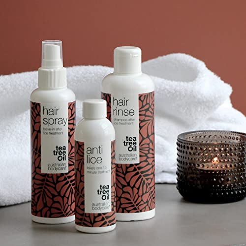 Australian Bodycare - Kit contra piojos para la cabeza | 3 Productos para remoción de liendres con Tea Tree Oil | Tratamiento antipiojos de 15 min, spray de prevención y champú para a familia
