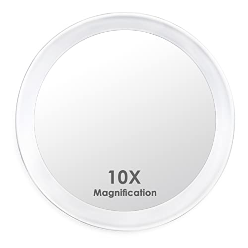 Auxmir 10X Espejo de Maquillaje 15cm con 3 Ventosa, Espejo de Aumento para Pared Baño, Espejo Portátil Redondo para Viaje, Blanco