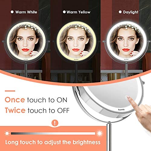 Auxmir Espejo Maquillaje con Luz LED, Aumento de 1X/10X, Espejo Cosmético Sobremesa Táctil con Pie, Doble Cara Giratorio 360 para Baño, con Pilas, Plata