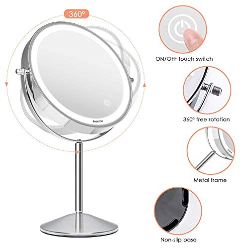 Auxmir Espejo Maquillaje con Luz LED, Aumento de 1X/10X, Espejo Cosmético Sobremesa Táctil con Pie, Doble Cara Giratorio 360 para Baño, con Pilas, Plata