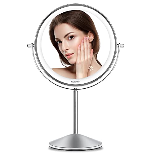 Auxmir Espejo Maquillaje con Luz LED, Aumento de 1X/10X, Espejo Cosmético Sobremesa Táctil con Pie, Doble Cara Giratorio 360 para Baño, con Pilas, Plata