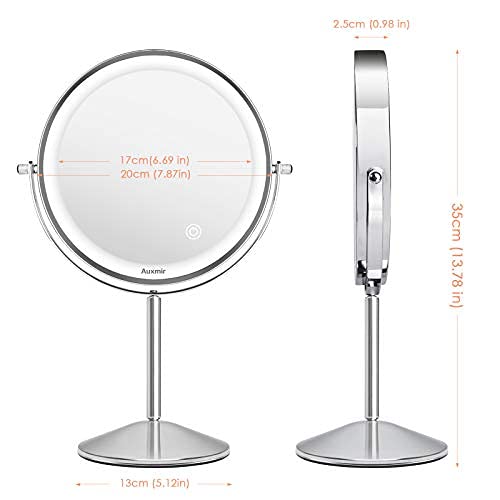 Auxmir Espejo Maquillaje con Luz LED, Aumento de 1X/10X, Espejo Cosmético Sobremesa Táctil con Pie, Doble Cara Giratorio 360 para Baño, con Pilas, Plata