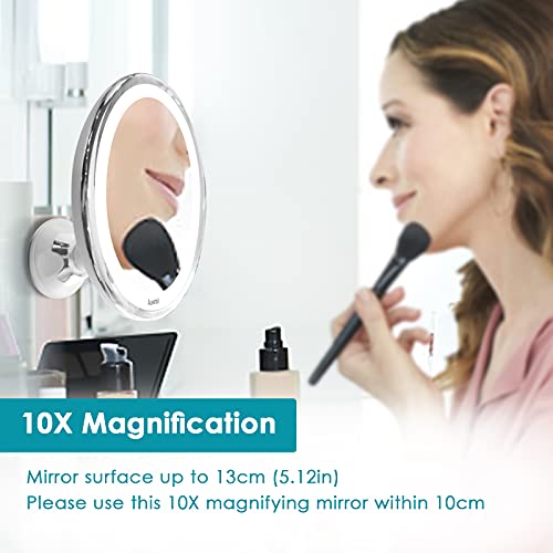 Auxmir Espejo Maquillaje con Luz LED, Espejo Cosmético Portátil con 10X Aumentos y Ventosa, Giratorio 360°, 3 Colores de Luz Regulable, Espejo de Mesa Pared para Casa y Viaje, Blanco