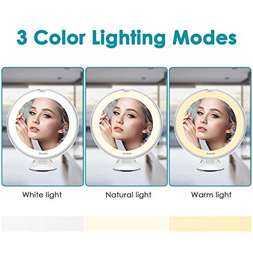 Auxmir Espejo Maquillaje con Luz LED, Espejo Cosmético Portátil con 10X Aumentos y Ventosa, Giratorio 360°, 3 Colores de Luz Regulable, Espejo de Mesa Pared para Casa y Viaje, Blanco