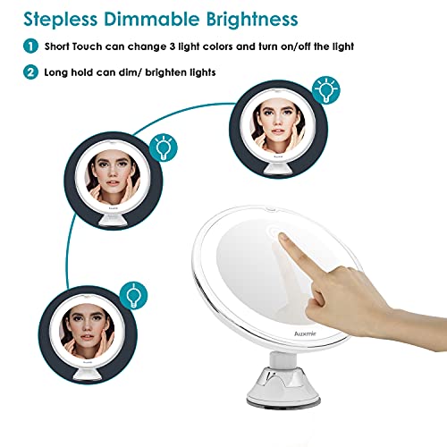 Auxmir Espejo Maquillaje con Luz LED, Espejo Cosmético Portátil con 10X Aumentos y Ventosa, Giratorio 360°, 3 Colores de Luz Regulable, Espejo de Mesa Pared para Casa y Viaje, Blanco