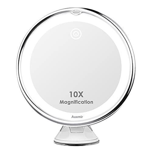 Auxmir Espejo Maquillaje con Luz LED, Espejo Cosmético Portátil con 10X Aumentos y Ventosa, Giratorio 360°, 3 Colores de Luz Regulable, Espejo de Mesa Pared para Casa y Viaje, Blanco