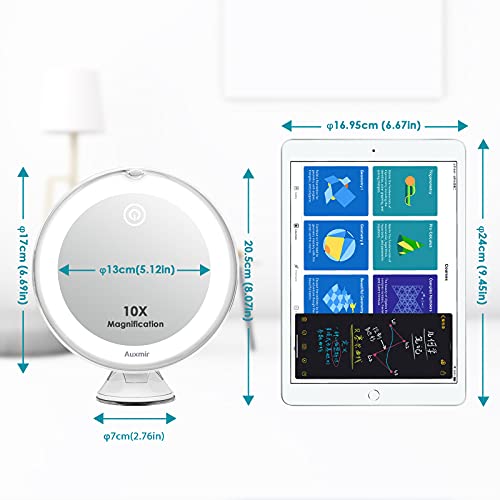 Auxmir Espejo Maquillaje con Luz LED, Espejo Cosmético Portátil con 10X Aumentos y Ventosa, Giratorio 360°, 3 Colores de Luz Regulable, Espejo de Mesa Pared para Casa y Viaje, Blanco