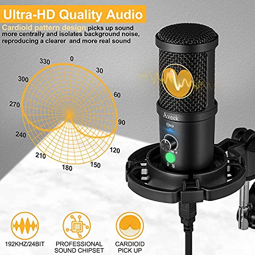 Aveek Micrófono USB condensador, Juegos de Micrófonos Podcasts con Soporte de Micrófono, Amortiguador, Parabrisas y Filtro Pop para Grabadora, Estudio, Transmisión, Youtube y Video