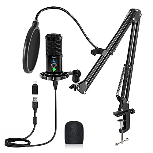 Aveek Micrófono USB condensador, Juegos de Micrófonos Podcasts con Soporte de Micrófono, Amortiguador, Parabrisas y Filtro Pop para Grabadora, Estudio, Transmisión, Youtube y Video