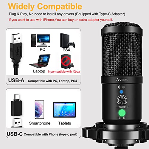 Aveek Micrófono USB condensador, Juegos de Micrófonos Podcasts con Soporte de Micrófono, Amortiguador, Parabrisas y Filtro Pop para Grabadora, Estudio, Transmisión, Youtube y Video