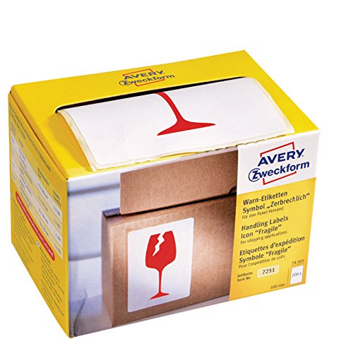 Avery España 7251. Rollo de 200 para envíos, pre-imprimidas con icon Frágil rojo
