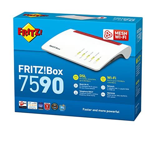 AVM Fritz!Box 7590 International - Modem Router 4x4 WiFi AC con MU-MIMO (1733 Mbps en 5 GHz y 800 Mbps en 2,4 GHz), Mesh, VDSL, ADSL2+, 1 x WAN Gigabit, 4 x LAN Gigabit, Interfaz en Español