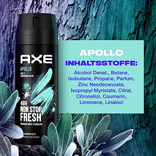 Axe Desodorante en spray Apollo sin aluminio con protección eficaz contra el olor corporal, 150 ml, 1 unidad, el embalaje puede variar