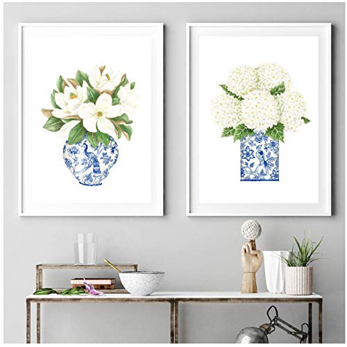 Azul y blanco China Magnolia Hydrangea Impresiones Chinoiserie Art Canvas Painting Gallery Wall Art Picture Poster Trendy Wall Decor-50x70cm