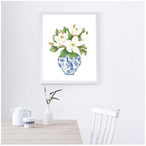Azul y blanco China Magnolia Hydrangea Impresiones Chinoiserie Art Canvas Painting Gallery Wall Art Picture Poster Trendy Wall Decor-50x70cm