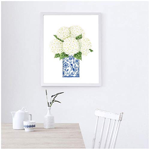 Azul y blanco China Magnolia Hydrangea Impresiones Chinoiserie Art Canvas Painting Gallery Wall Art Picture Poster Trendy Wall Decor-50x70cm