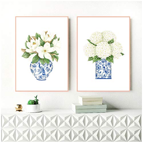 Azul y blanco China Magnolia Hydrangea Impresiones Chinoiserie Art Canvas Painting Gallery Wall Art Picture Poster Trendy Wall Decor-50x70cm