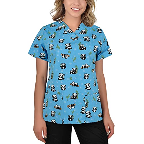 B-well Bambina - Casaca de mujer de manga corta con cuello de pico y estampado, para uso sanitario, Pandas., S
