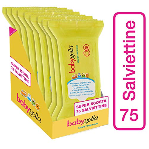 Babygella Babygella - Toallitas de manos, limpiadoras y desinfectantes para las manos del niño, con extractos naturales de tomillo, salvia y manzanilla, paquete de 75 toallitas – 120 g