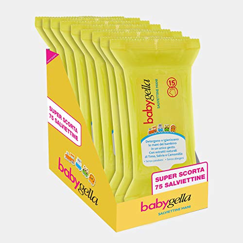 Babygella Babygella - Toallitas de manos, limpiadoras y desinfectantes para las manos del niño, con extractos naturales de tomillo, salvia y manzanilla, paquete de 75 toallitas – 120 g