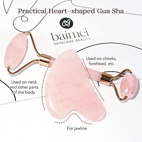 BAIMEI Rodillo De Jade y Gua Sha Set, Rodillo Cuarzo Rosa Skin Care Tool, Rodillo Facial Lifting y Reafirma Rostro, Cuello, Gua Sha Reduce Arrugas y Masajea Ojos