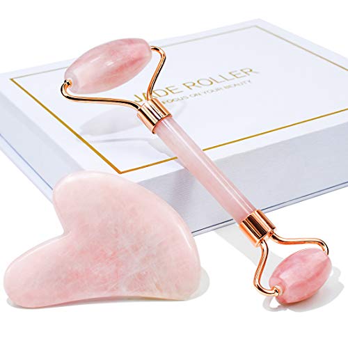 BAIMEI Rodillo De Jade y Gua Sha Set, Rodillo Cuarzo Rosa Skin Care Tool, Rodillo Facial Lifting y Reafirma Rostro, Cuello, Gua Sha Reduce Arrugas y Masajea Ojos