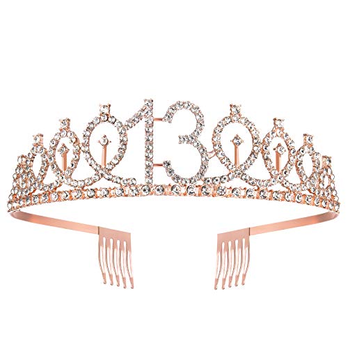 Banda y corona de 13 cumpleaños, banda y tiara oficial de oro rosa para adolescentes, regalos de 13 cumpleaños para felices fiestas de 13 cumpleaños