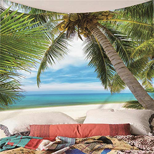 Banemi Tapiz Nordico, Tapices para Sofa Poliéster Verde Azul Coconut Palm Beach Océano Colgante de Pared Ropa de Cama Colcha 300X260Cm