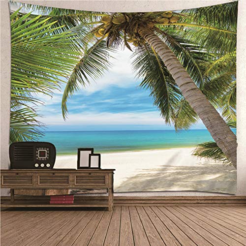 Banemi Tapiz Nordico, Tapices para Sofa Poliéster Verde Azul Coconut Palm Beach Océano Colgante de Pared Ropa de Cama Colcha 300X260Cm