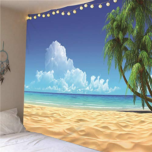 Banemi Tapiz Pequeño, Tapiz Pared Colorido Poliéster Azul Verde Playa Coconut Tree Océano Cielo Colcha de Pícnic, Manta de Pared 350X256Cm