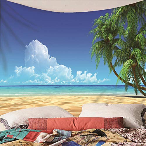 Banemi Tapiz Pequeño, Tapiz Pared Colorido Poliéster Azul Verde Playa Coconut Tree Océano Cielo Colcha de Pícnic, Manta de Pared 350X256Cm
