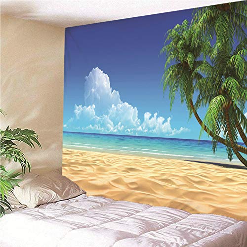 Banemi Tapiz Pequeño, Tapiz Pared Colorido Poliéster Azul Verde Playa Coconut Tree Océano Cielo Colcha de Pícnic, Manta de Pared 350X256Cm