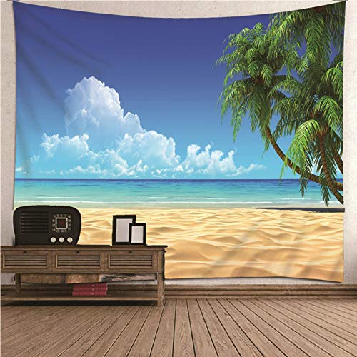 Banemi Tapiz Pequeño, Tapiz Pared Colorido Poliéster Azul Verde Playa Coconut Tree Océano Cielo Colcha de Pícnic, Manta de Pared 350X256Cm