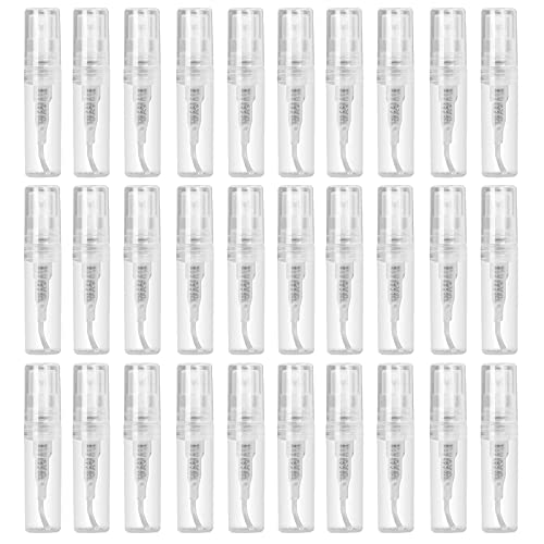 BAQI 30 botellas vacías mini atomizador de spray de 3 ml, botella recargable de plástico de niebla portátil, botella de muestra vacía de perfume para herramienta de maquillaje líquido de perfume