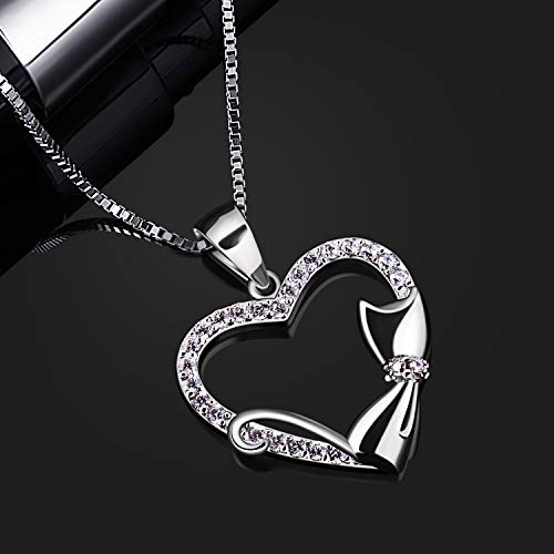 B.Catcher Corazón Collar Mujer Plata de Ley 925 Gato Colgante Navidad con Regalo Originales Cadena 45cm Longitud