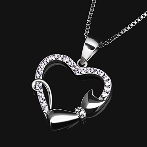 B.Catcher Corazón Collar Mujer Plata de Ley 925 Gato Colgante Navidad con Regalo Originales Cadena 45cm Longitud