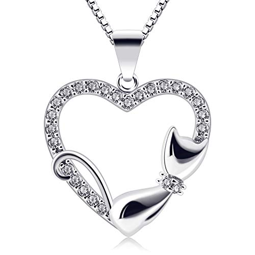 B.Catcher Corazón Collar Mujer Plata de Ley 925 Gato Colgante Navidad con Regalo Originales Cadena 45cm Longitud