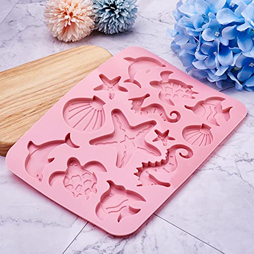 Beadthoven 2 moldes de silicona para organismos marinos con forma de tortuga delfín de peces, estrellas de mar, caballito de mar, moldes para hornear para galletas de caramelo, vela de resina UV