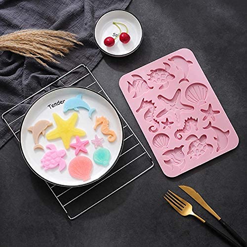 Beadthoven 2 moldes de silicona para organismos marinos con forma de tortuga delfín de peces, estrellas de mar, caballito de mar, moldes para hornear para galletas de caramelo, vela de resina UV