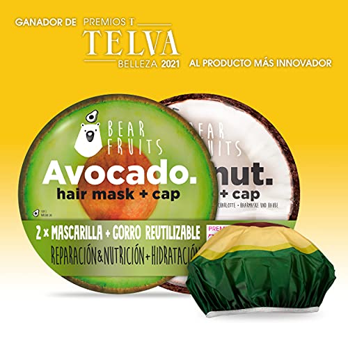 Bear Fruits Mascarilla Pelo Pack + Gorro De Ducha Reutilizable, Aguacate & Coco, Pelo Hidratado & Reparado