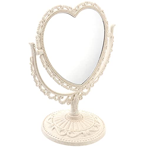 Beaupretty Espejo de doble cara con rotación de 360 grados, espejo cosmético en forma de corazón (beige)